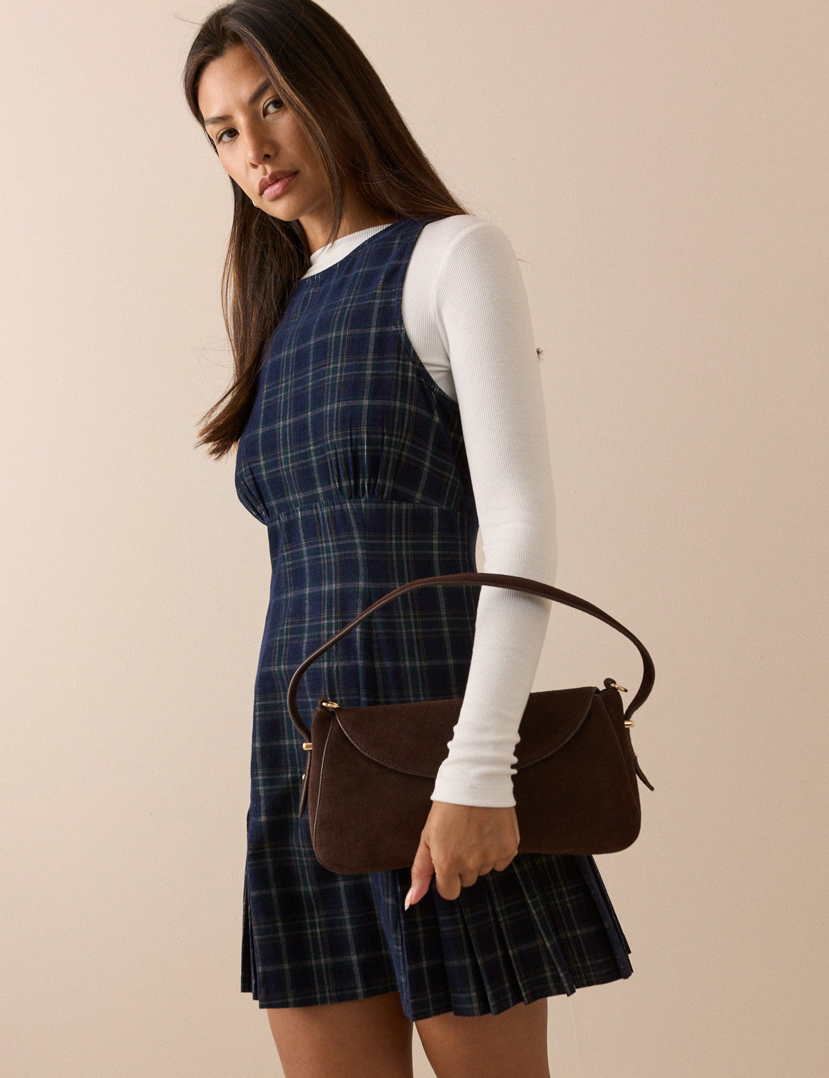 Blue Tartan Cord Pleated Elma Mini Dress