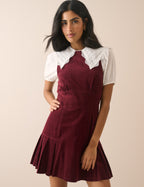 Burgundy Cord Pleated Elma Mini Dress