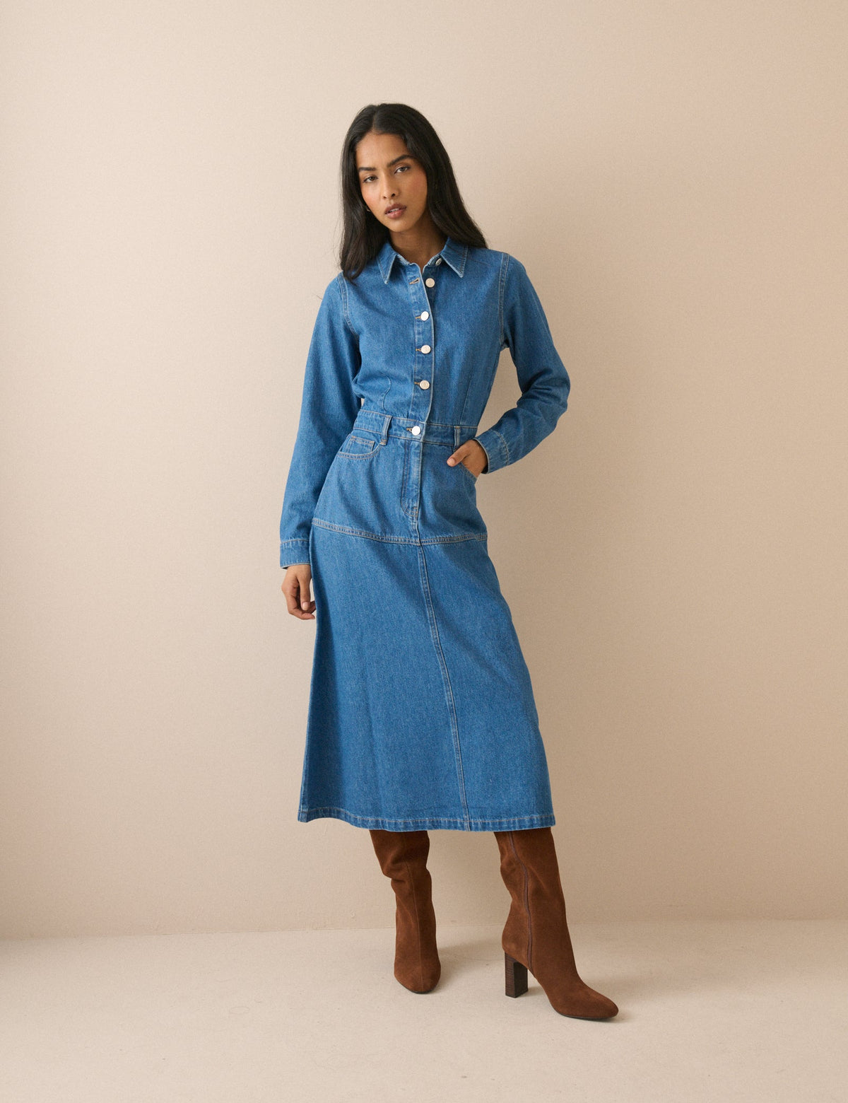 Mid Wash Denim Midi Shirt Dress
