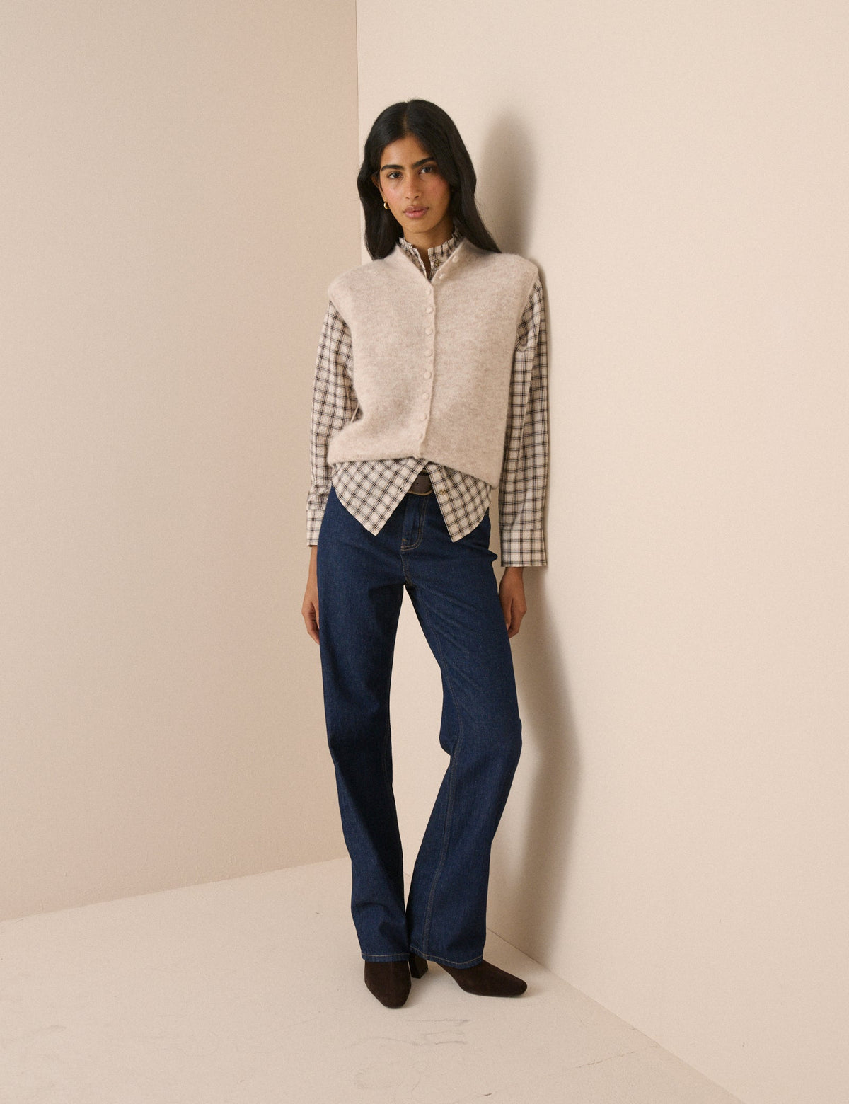 Grey Check Frill Neck Blouse