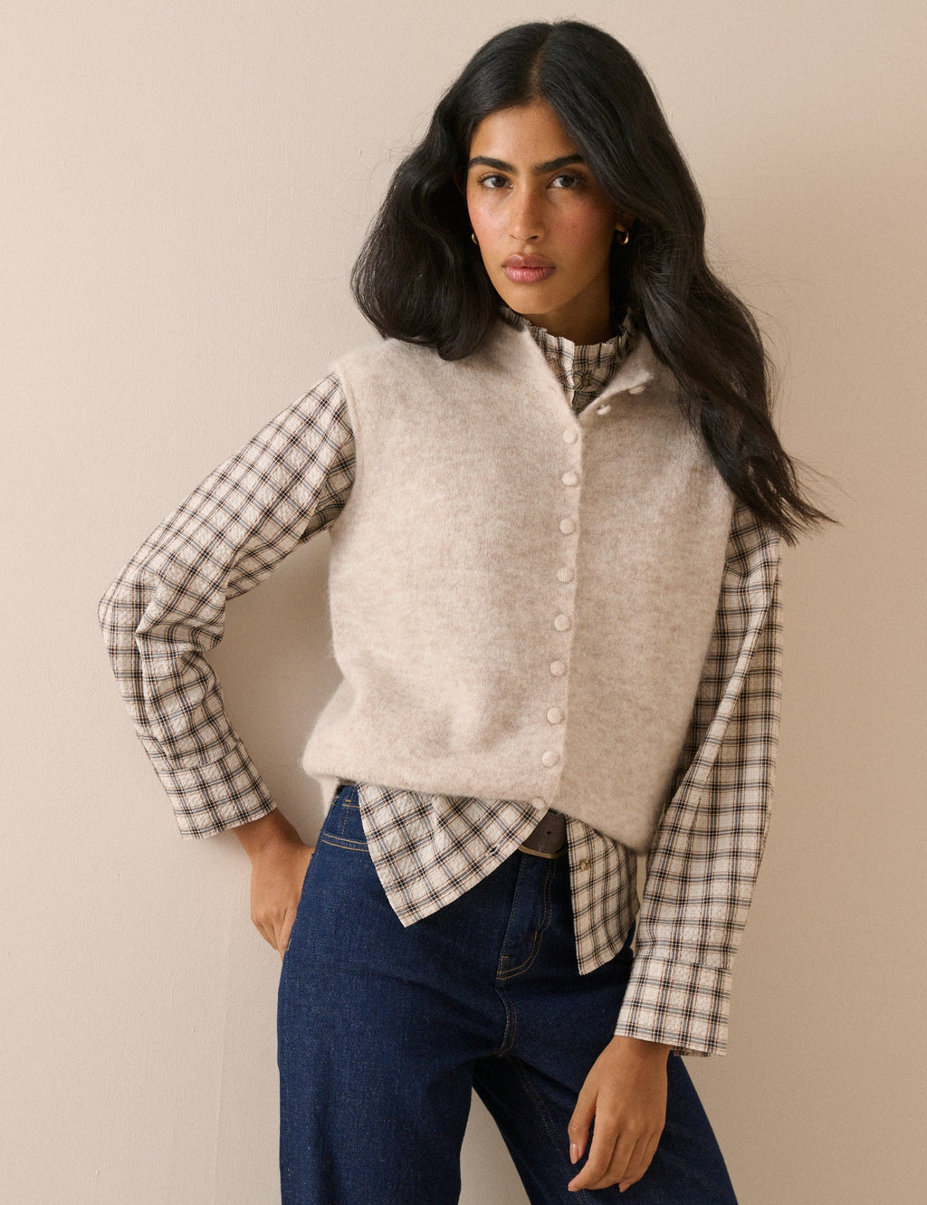 Grey Check Frill Neck Blouse