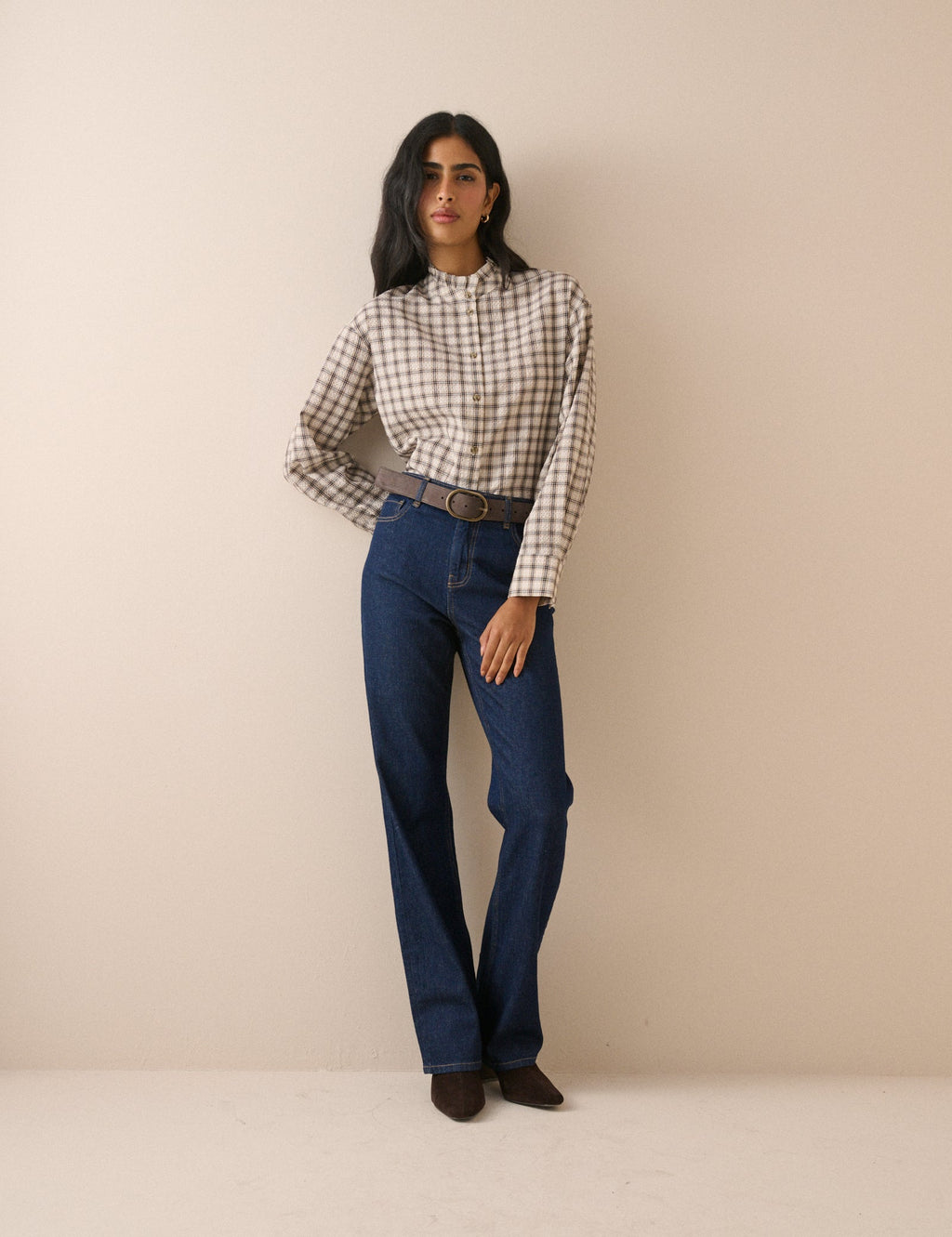 Grey Check Frill Neck Blouse