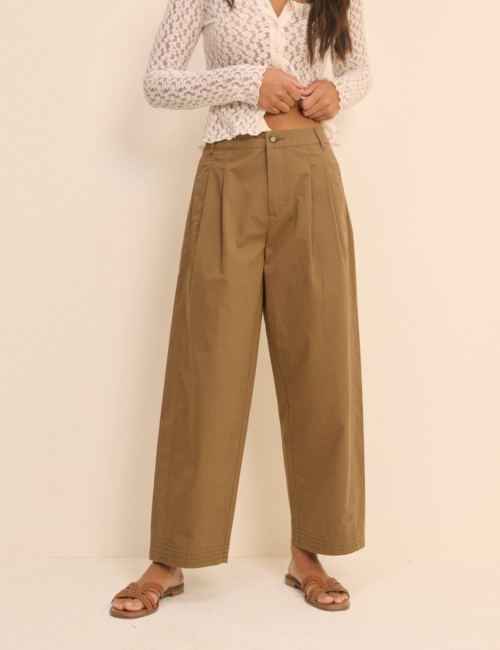 Camel Pleated Subtle Barrel Trousers