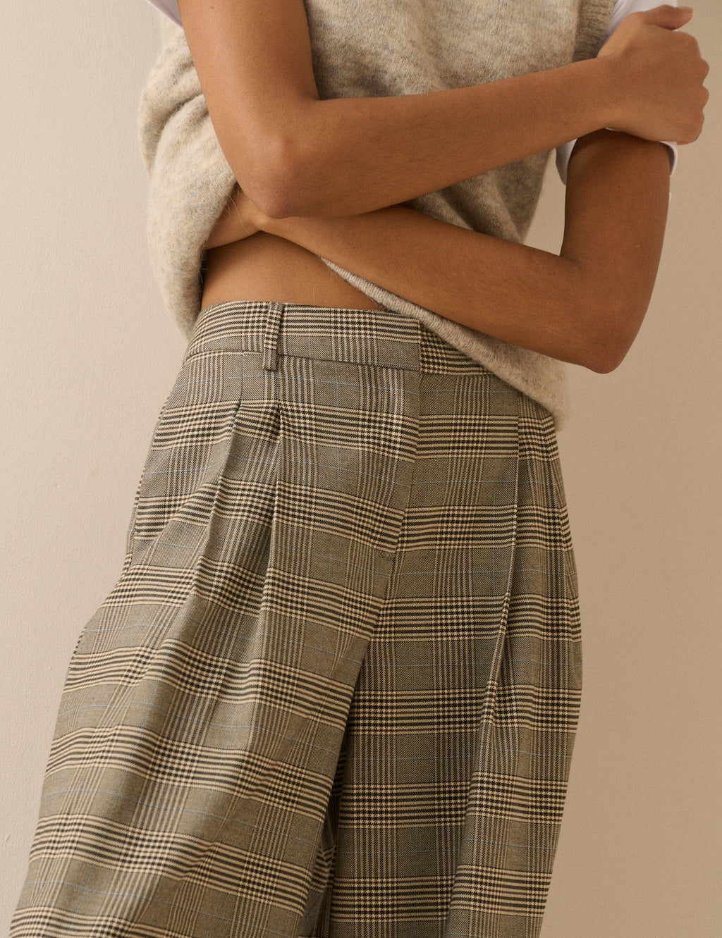 Grey Check Mid Rise Wide Leg Trousers