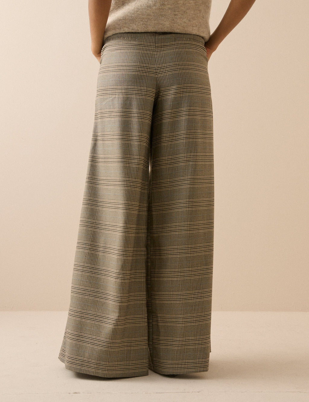 Grey Check Mid Rise Wide Leg Trousers