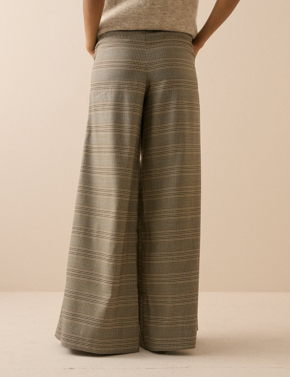 Grey Check Mid Rise Wide Leg Trousers