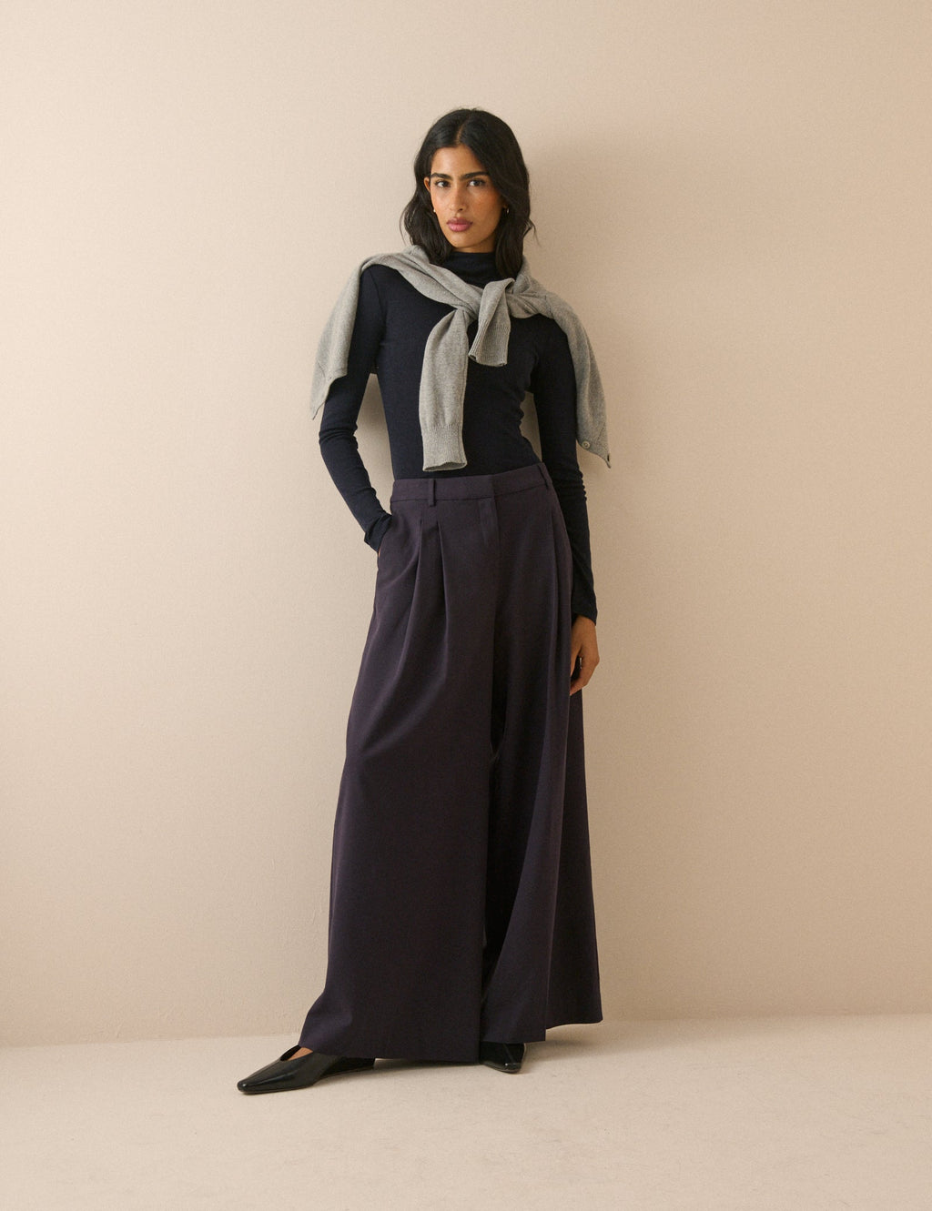 Navy Mid-Rise Wide Leg Trousers