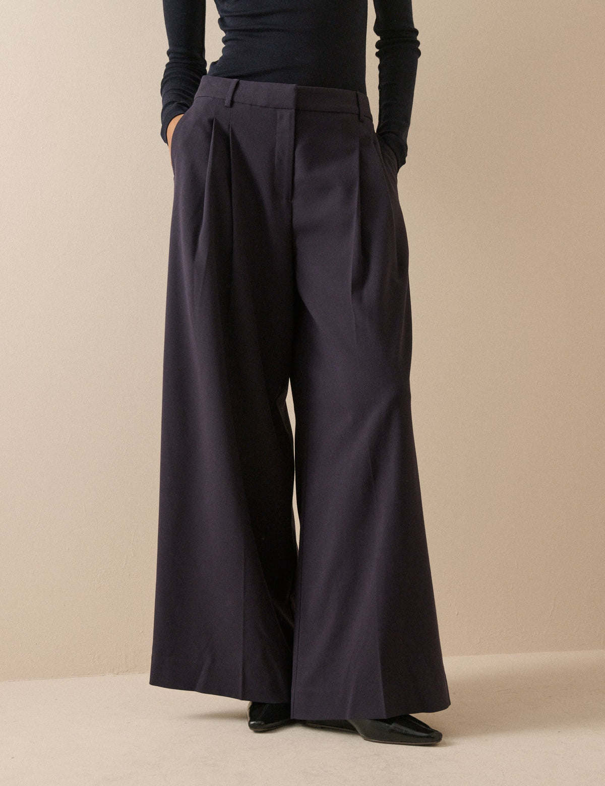Navy Mid-Rise Wide Leg Trousers