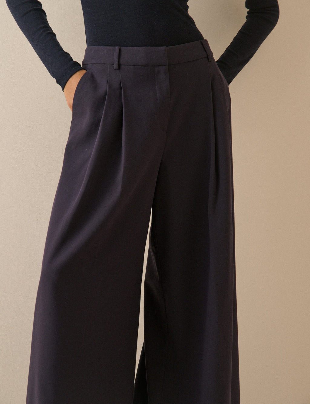 Navy Mid-Rise Wide Leg Trousers