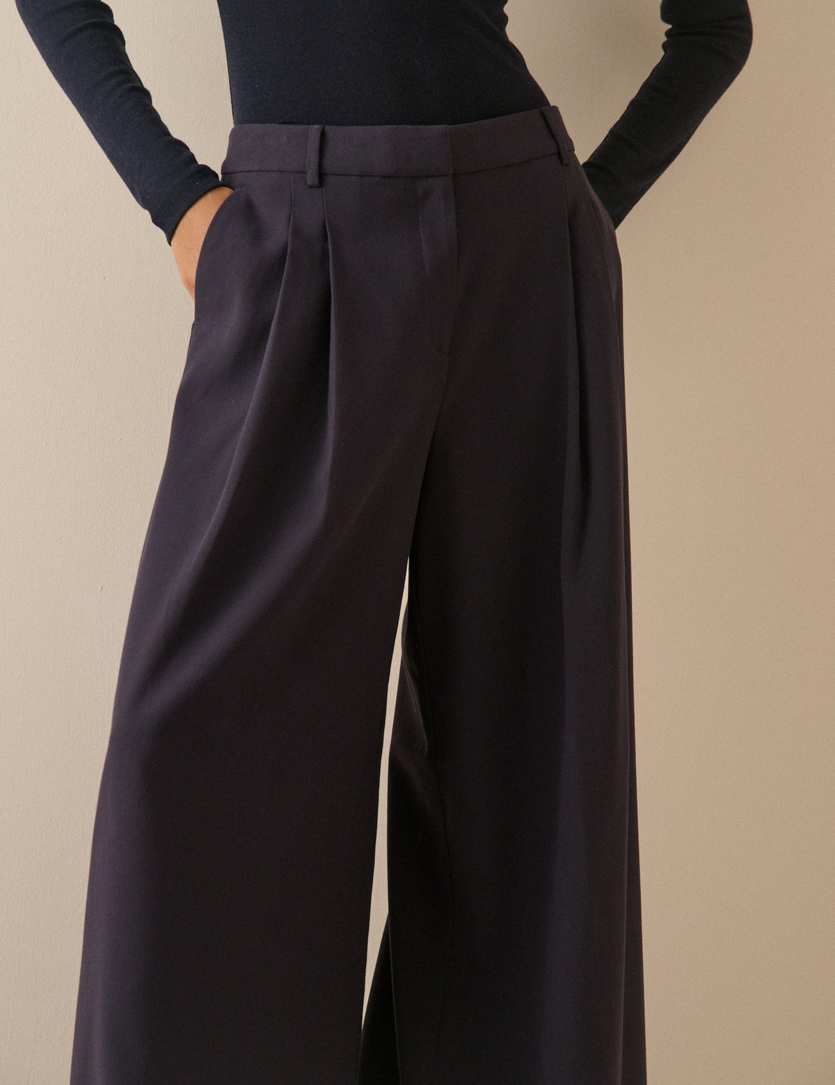 Navy Mid-Rise Wide Leg Trousers