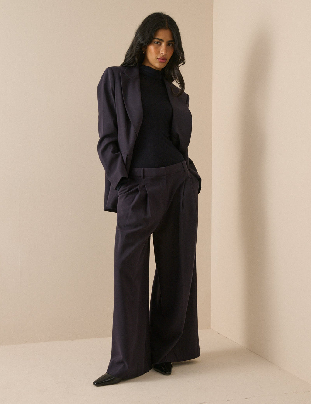 Navy Mid-Rise Wide Leg Trousers