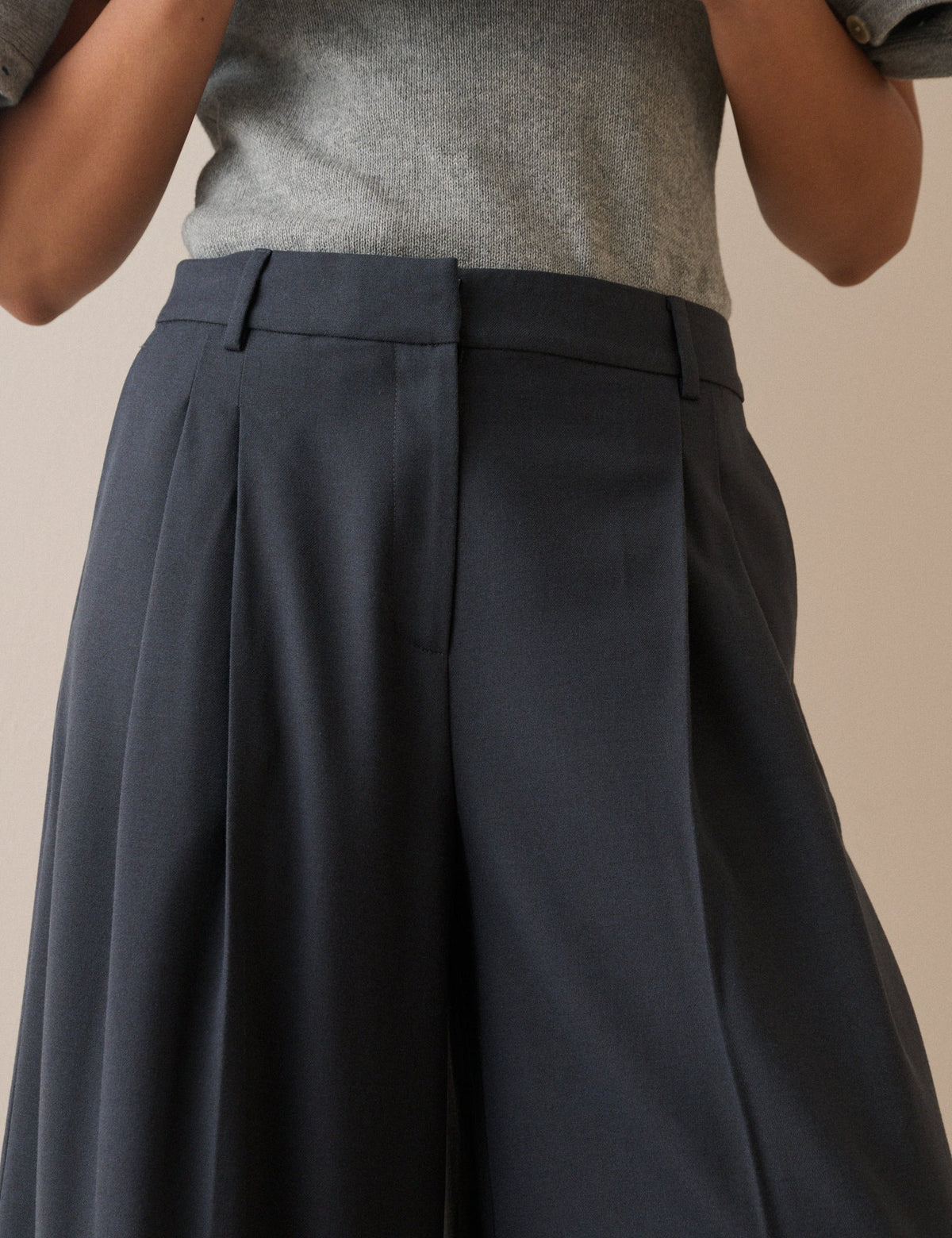 Grey Mid-Rise Wide Leg Trousers