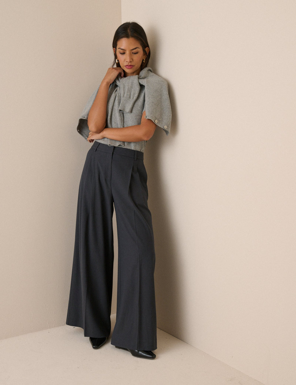 Grey Mid-Rise Wide Leg Trousers