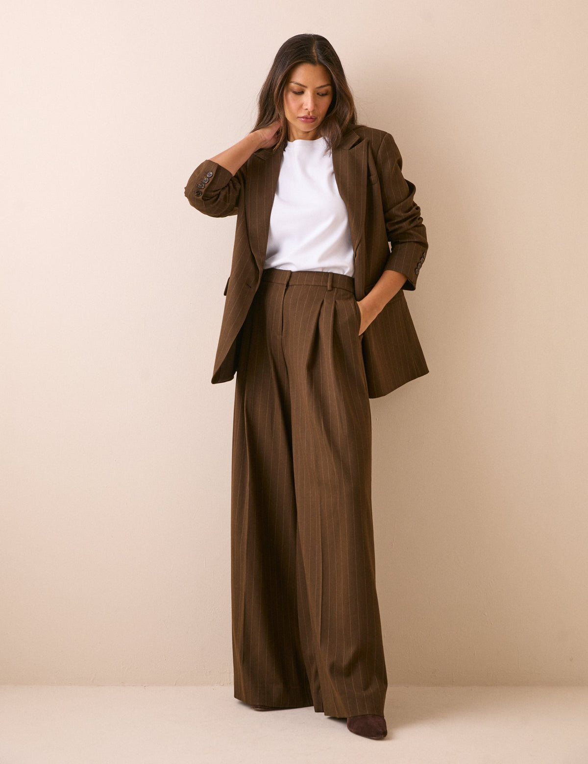 Brown Pinstripe Super Wide Leg Trousers