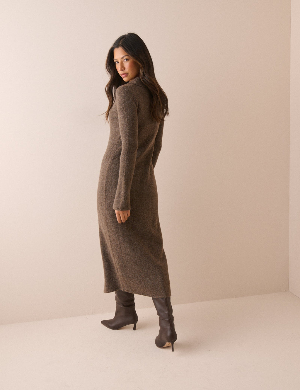 Brown Marl Button Down Knitted Midi Dress