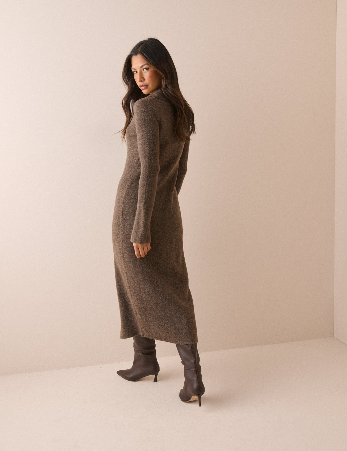 Brown Marl Button Down Knitted Midi Dress