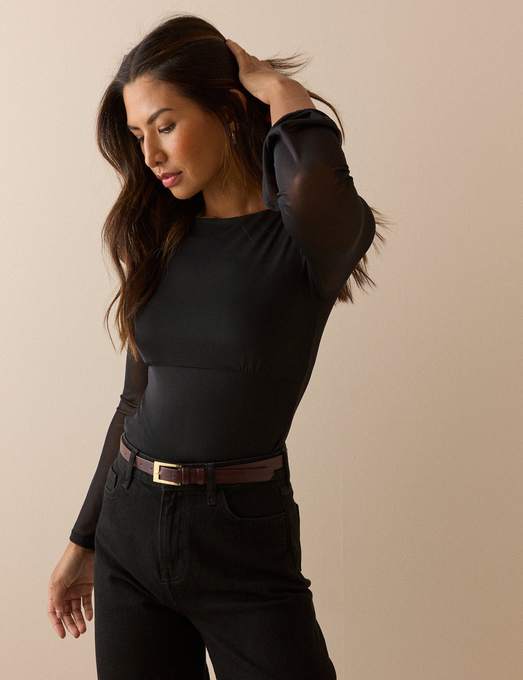Black Jersey Mesh Long Sleeve Top