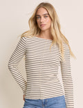 Cream Striped Boat Neck Top