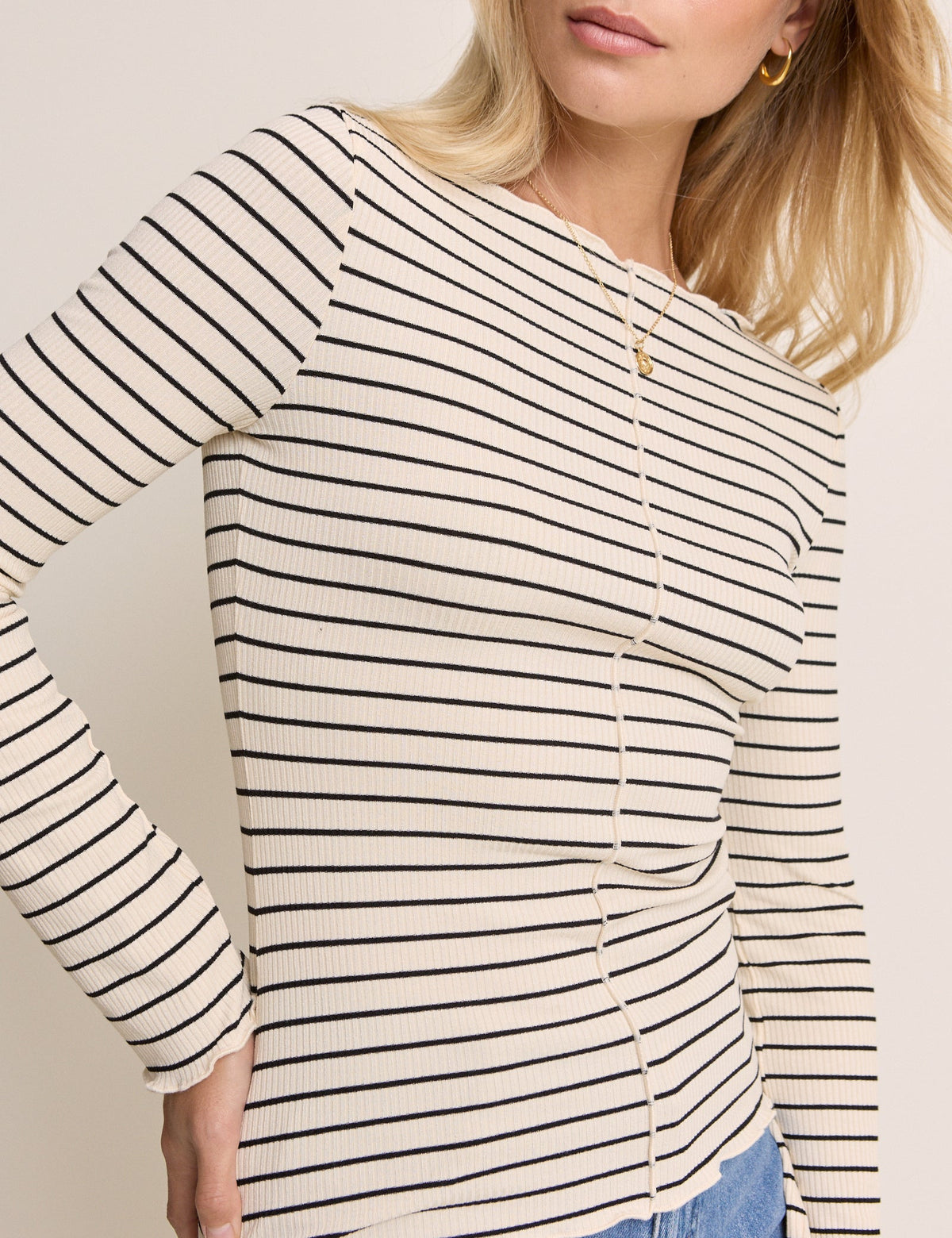 Cream Striped Boat Neck Top