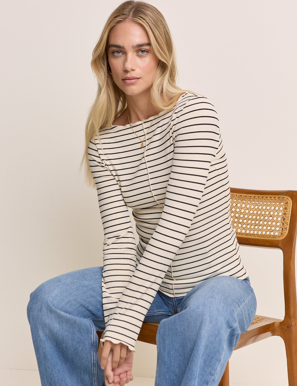 Cream Striped Boat Neck Top