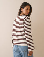 Brown Striped Wide Sleeve Jersey Top