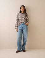 Brown Striped Wide Sleeve Jersey Top