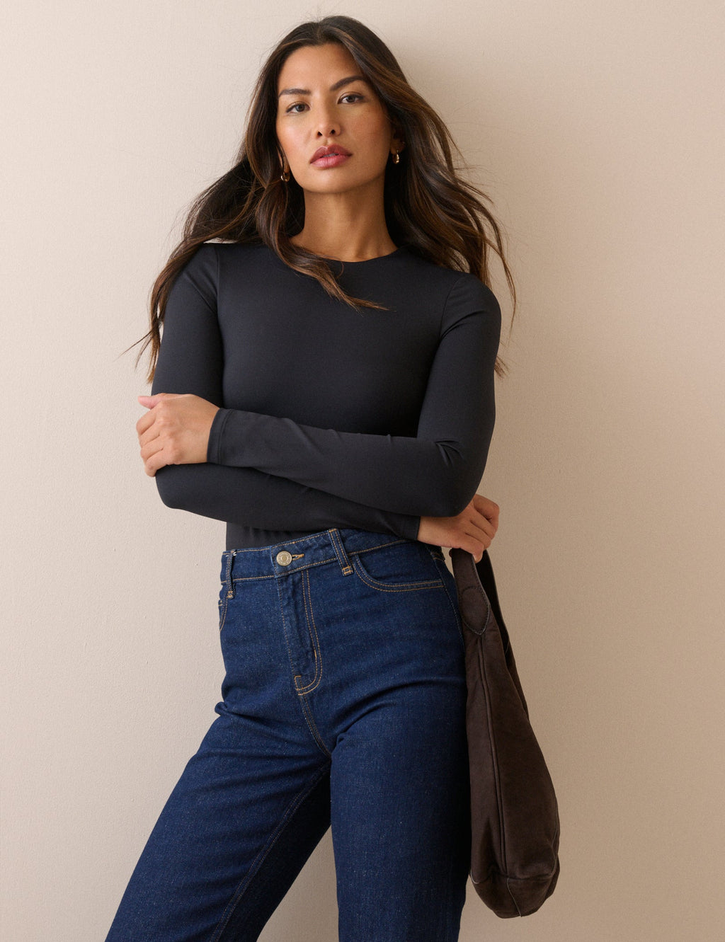 Black Jersey Fitted Long Sleeve Top