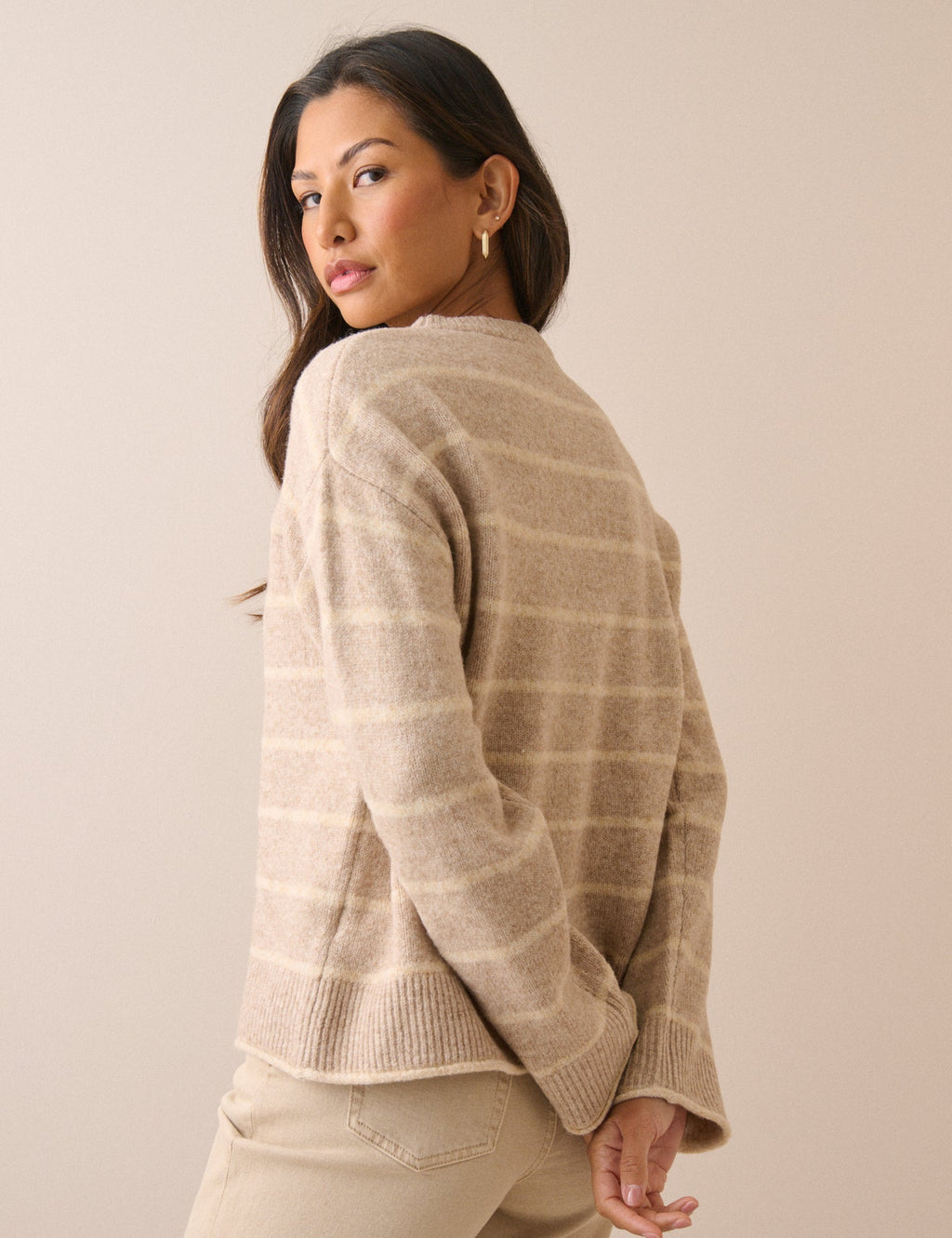 Beige and Cream Striped Crew Neck Jumper
