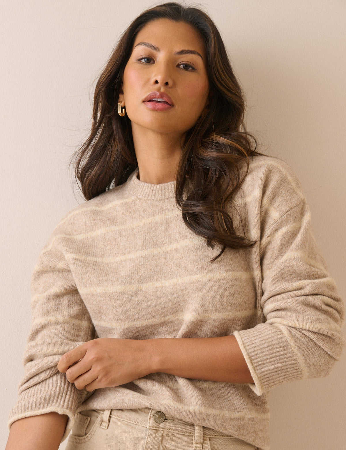 Beige and Cream Striped Crew Neck Jumper