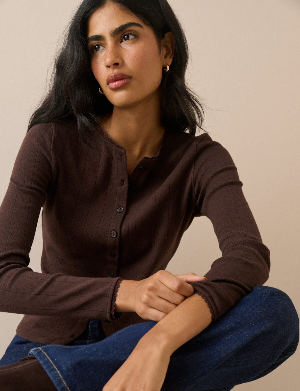 Chocolate Brown Pointelle Jersey Cardigan