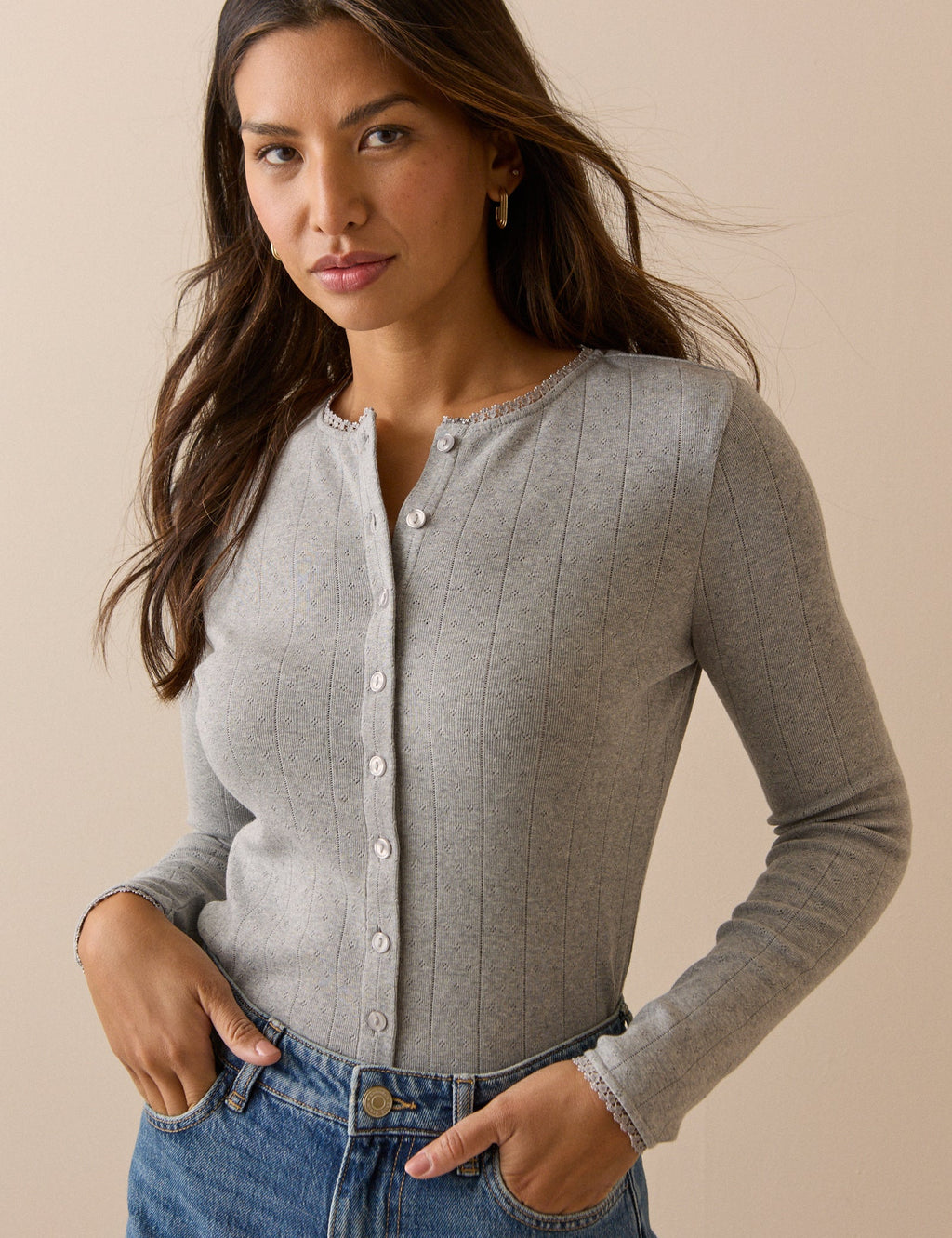 Grey Pointelle Jersey Cardigan