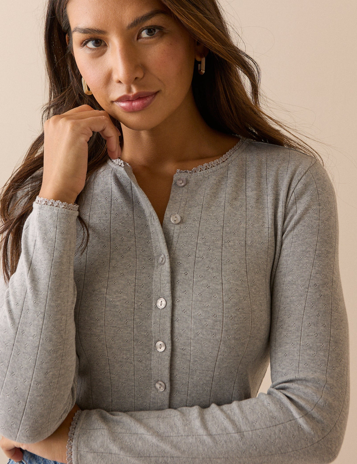Grey Pointelle Jersey Cardigan