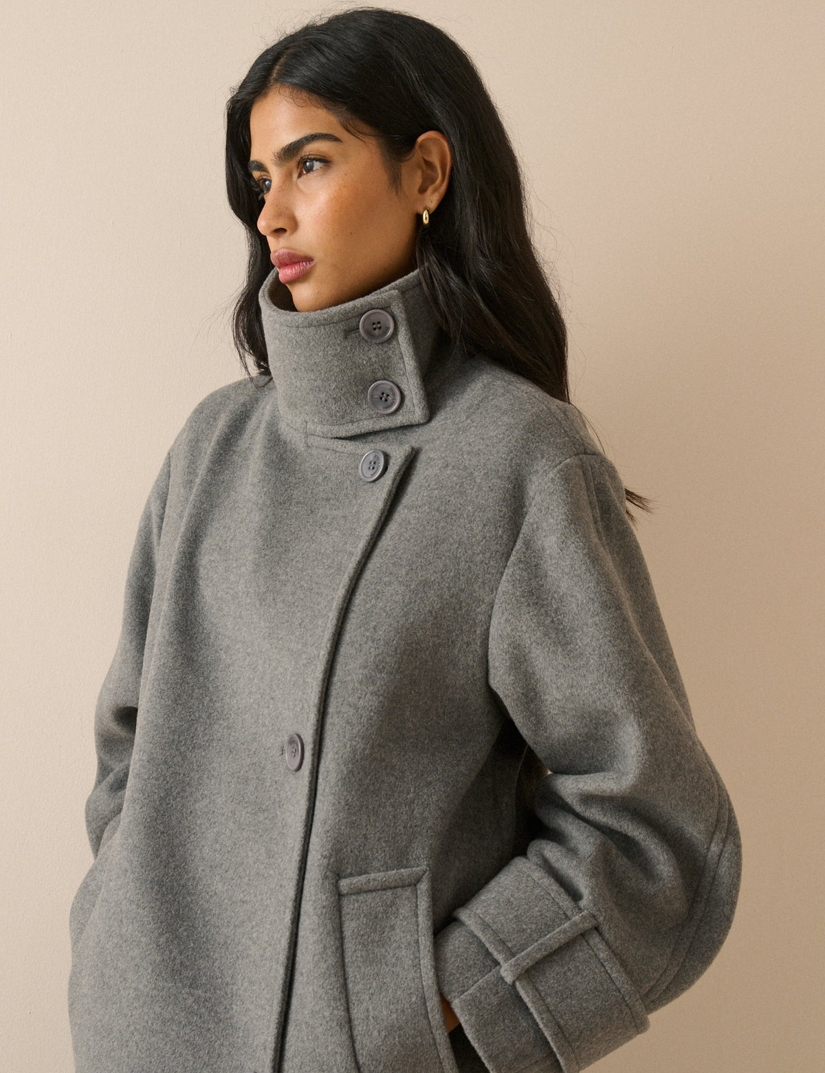 Grey Funnel Neck Wool-Blend Coat