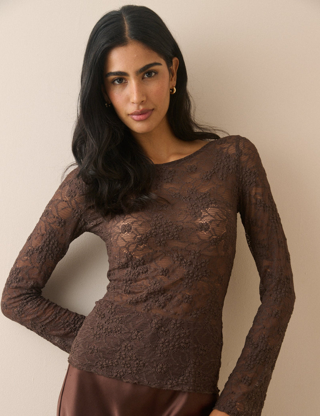 Brown Floral Boat Neck Lace Top