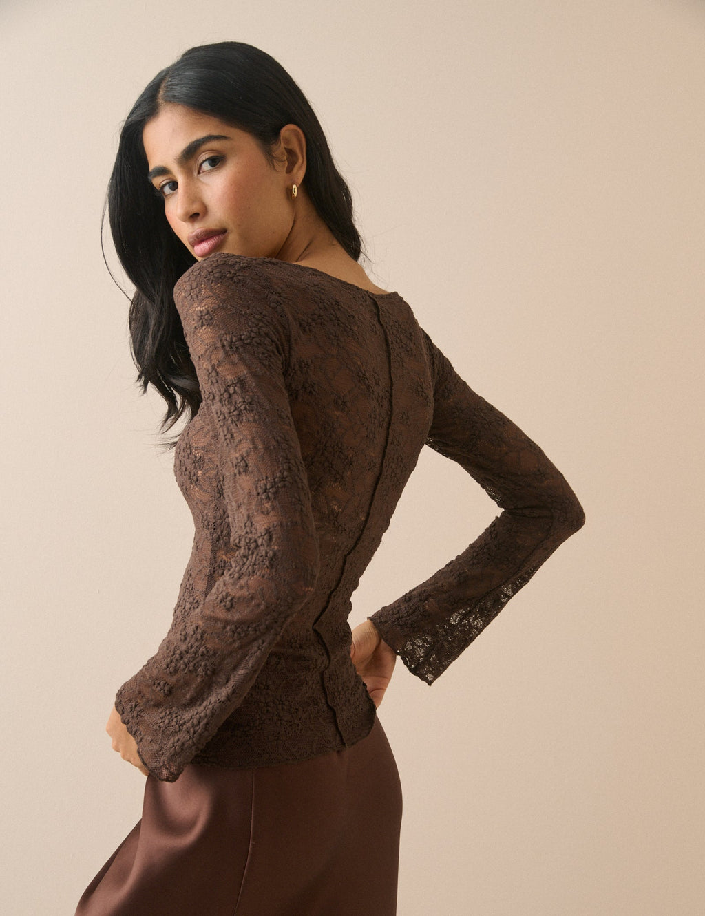 Brown Floral Boat Neck Lace Top