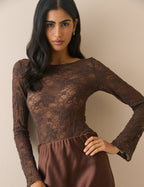 Brown Floral Boat Neck Lace Top