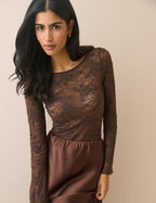 Brown Floral Boat Neck Lace Top