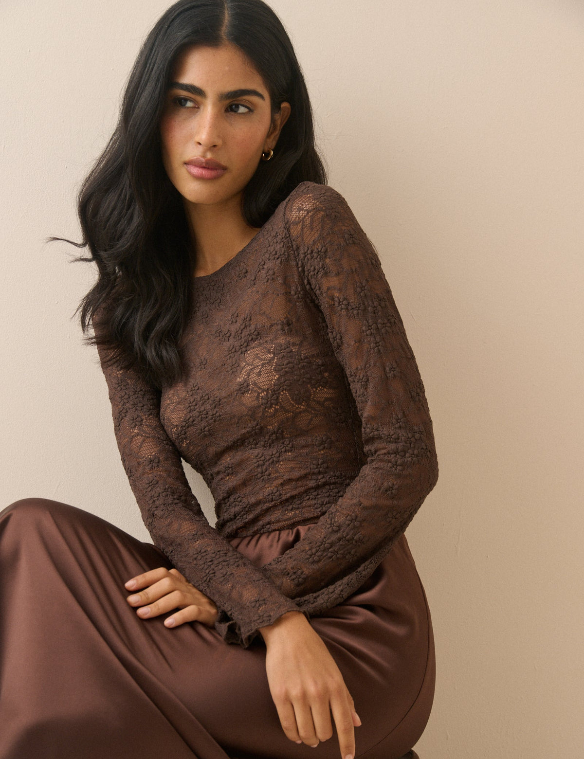 Brown Floral Boat Neck Lace Top