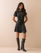 Black Gathered Satin Krina Mini Dress
