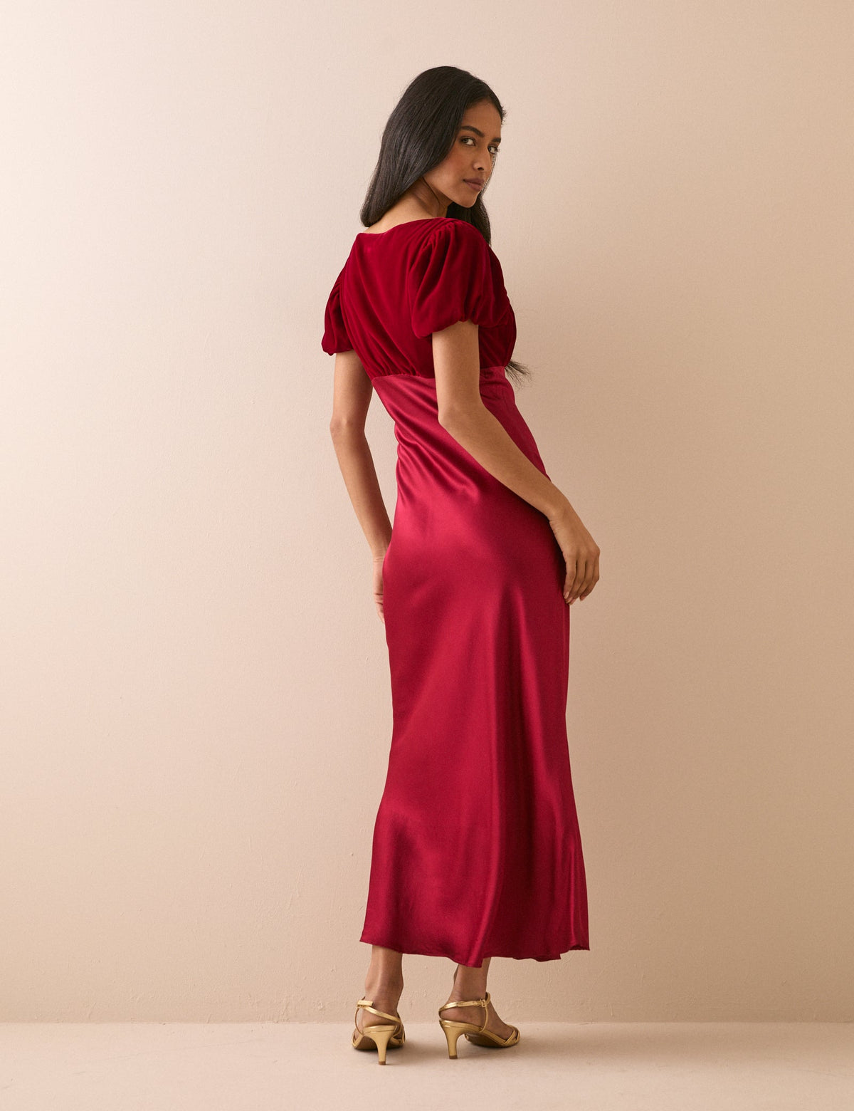 Red Satin Puff Sleeve Elizabeth Midi Dress