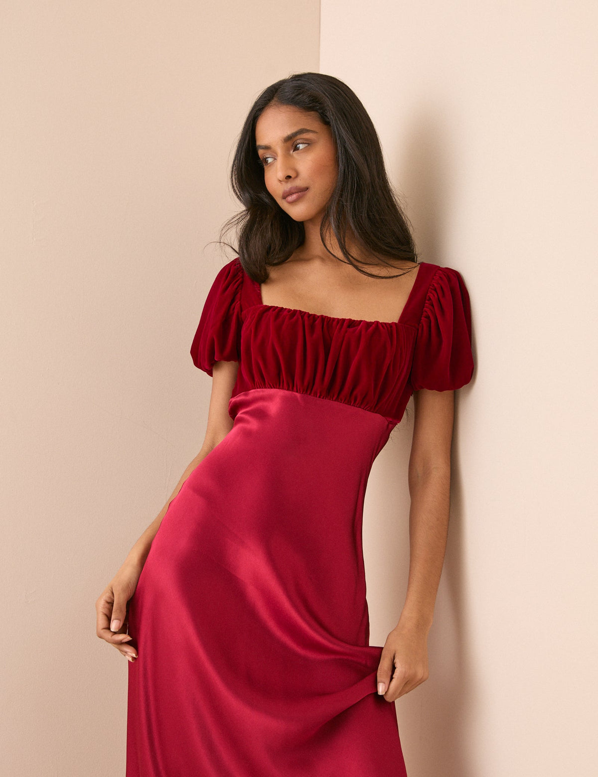 Red Satin Puff Sleeve Elizabeth Midi Dress