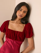 Red Satin Puff Sleeve Elizabeth Midi Dress