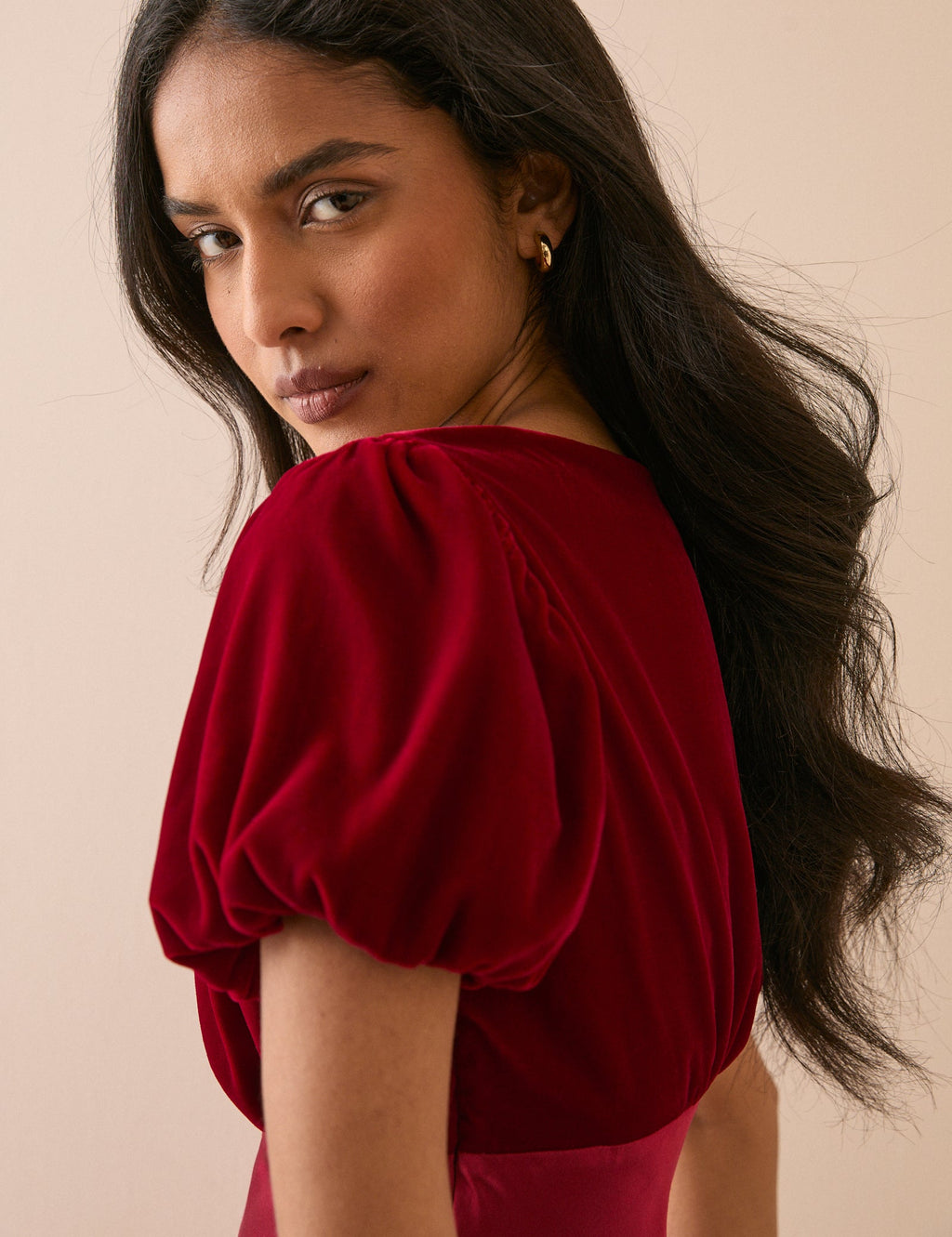 Red Satin Puff Sleeve Elizabeth Midi Dress