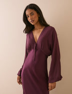 Burgundy Blouson Sleeve Satin Linda Midi Dress