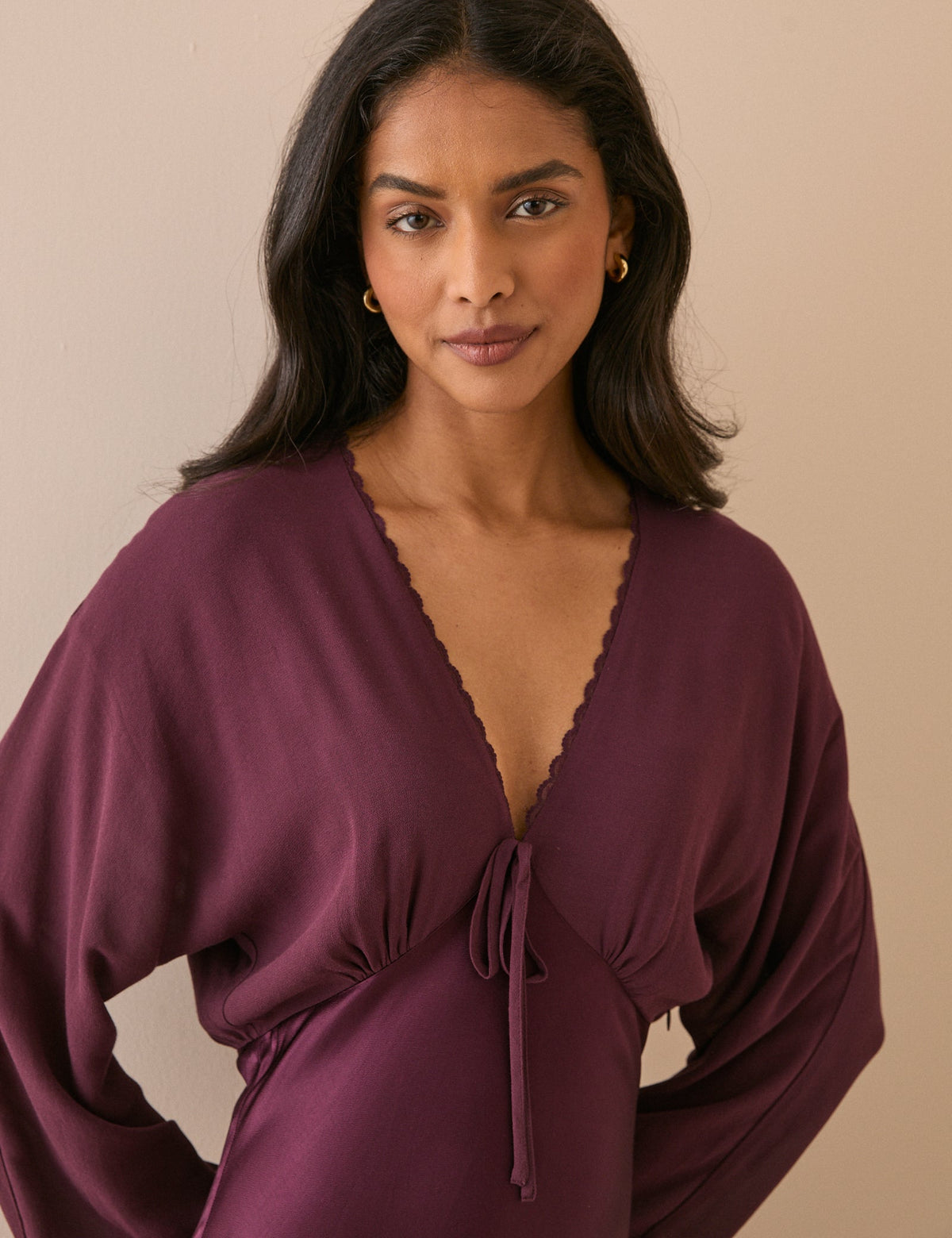 Burgundy Blouson Sleeve Satin Linda Midi Dress