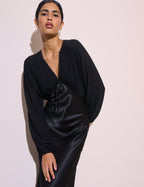 Black Blouson Sleeve Satin Linda Midi Dress