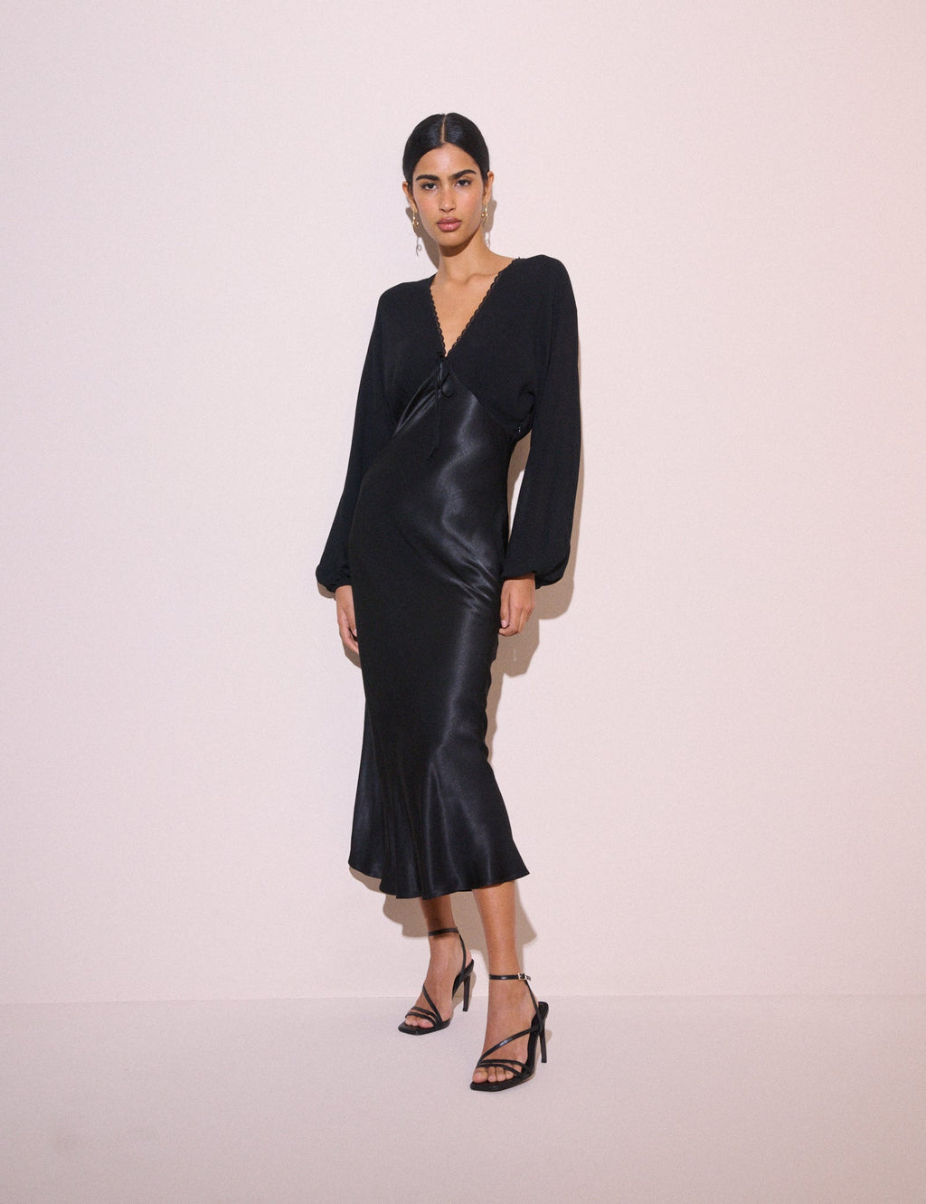 Black Blouson Sleeve Satin Linda Midi Dress