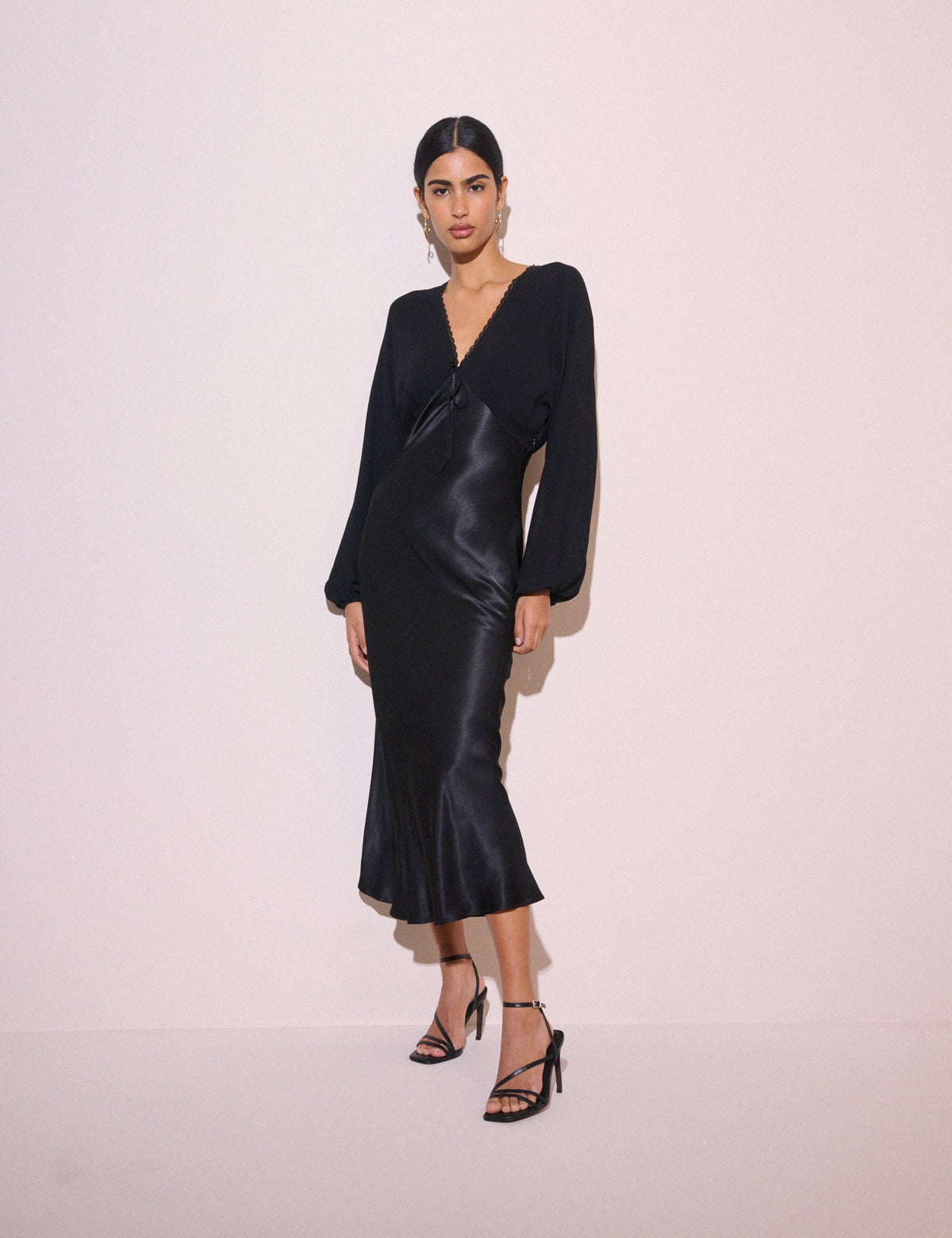 Black Blouson Sleeve Satin Linda Midi Dress