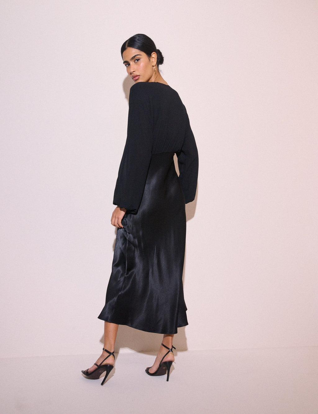 Black Blouson Sleeve Satin Linda Midi Dress