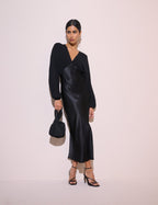 Black Blouson Sleeve Satin Linda Midi Dress